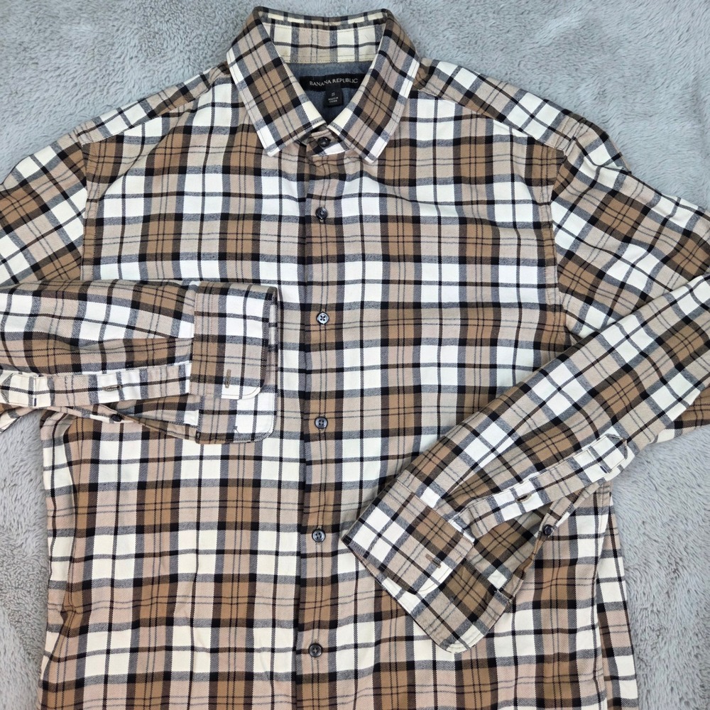 Banana Republic Plaid Button Down Shirt Men S Long Sleeve Cotton Brown Tan White